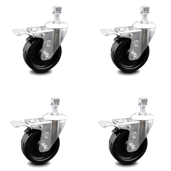 4 Inch Phenolic Swivel 12mm Threaded Stem Caster Set with Total Lock Brake